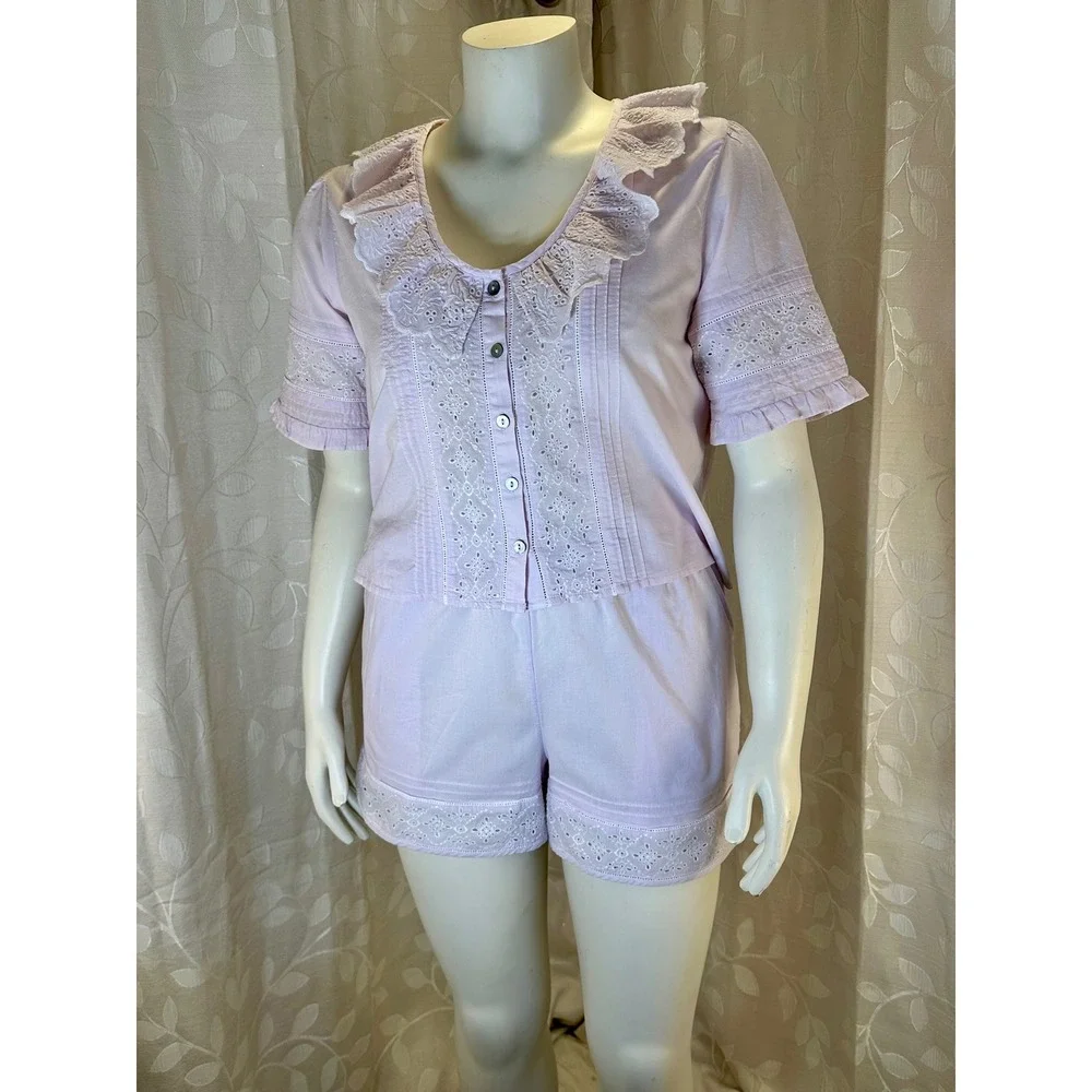 Women's‎ Medium Pink Pajama Set Ruffle Collar Top & Shorts Boho Cottagecore